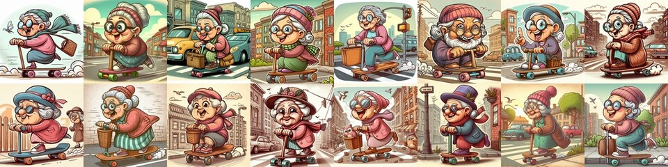 Funny granny ride board. AI generated illustration