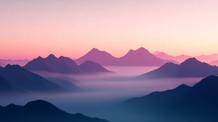 Fototapeta premium Fog drifting over serene mountain range, twilight glow, 3D illustration