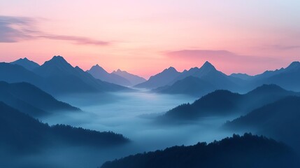 Obraz premium Fog drifting over serene mountain range, twilight glow, 3D illustration