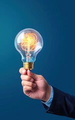 A hand holding a glowing light bulb symbolizing creativity, innovation, and ideas against a blue background.