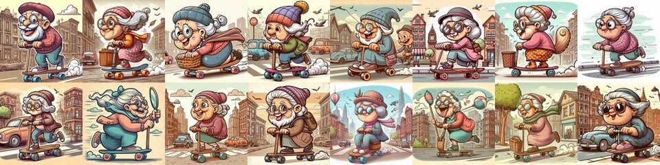 Funny granny ride board. AI generated illustration