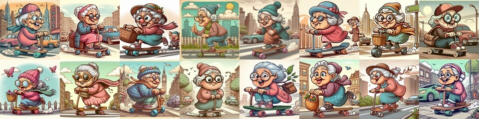 Funny granny ride board. AI generated illustration