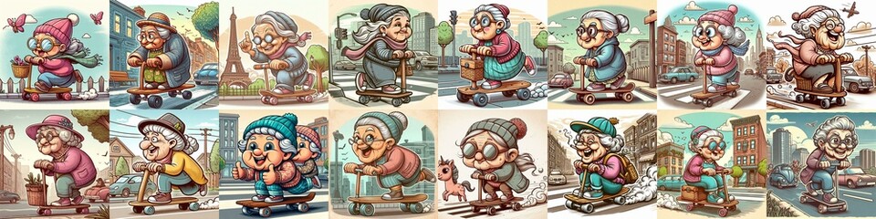Funny granny ride board. AI generated illustration