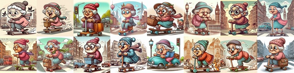 Funny granny ride board. AI generated illustration