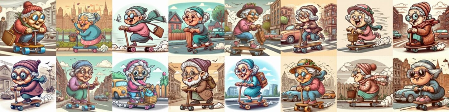 Funny granny ride board. AI generated illustration
