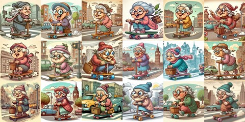 Fototapeta premium Funny granny ride board. AI generated illustration