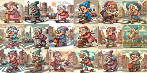 Funny granny ride board. AI generated illustration