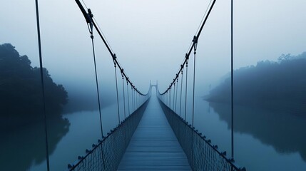 Fototapeta premium Fog enveloping bridge, river below, mysterious vibe, 3D illustration
