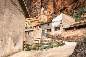 Church of Virgen del Mallo in Las Penas de Riglos village, comarca of Hoya de Huesca, province of Huesca, Aragon, Spain