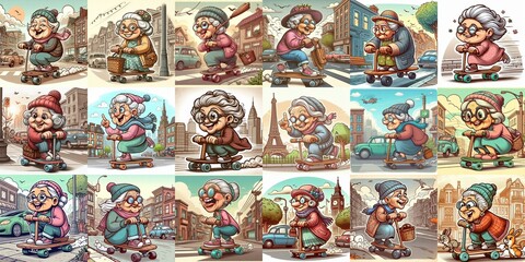 Obraz premium Funny granny ride board. AI generated illustration
