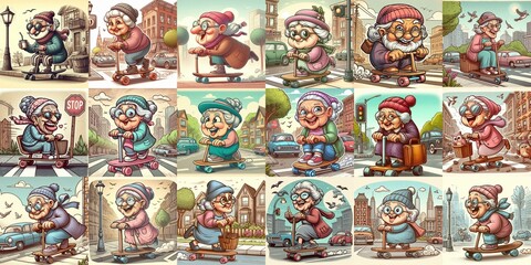 Funny granny ride board. AI generated illustration