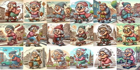 Fototapeta premium Funny granny ride board. AI generated illustration