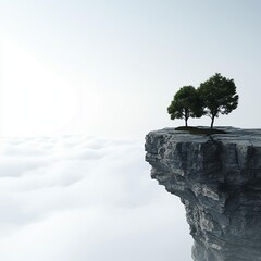 Foggy cliffside with trees, mist swirling, 3D illustration