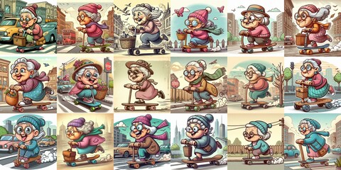 Fototapeta premium Funny granny ride board. AI generated illustration