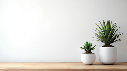 Fototapeta premium Minimalist Home Decor with Green Plants on Wooden Table