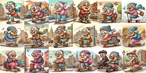 Funny granny ride board. AI generated illustration