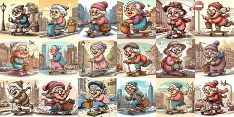 Funny granny ride board. AI generated illustration
