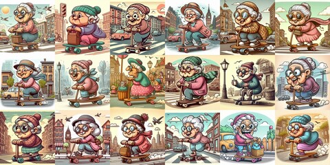 Funny granny ride board. AI generated illustration