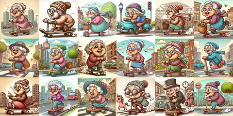 Fototapeta premium Funny granny ride board. AI generated illustration