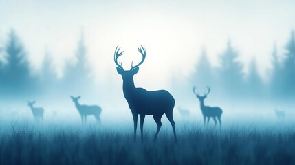 Foggy landscape with silhouettes of deer, tranquil wilderness, 3D illustration