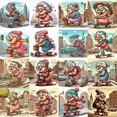Fototapeta premium Funny granny ride board. AI generated illustration