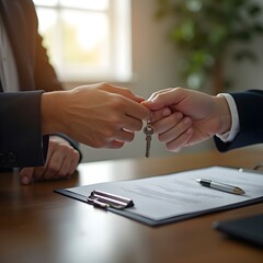 Real Estate Agent Handing Key to New Homeowner After Signing Lease Agreement &ndash; Stock Photo