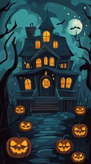 Halloween spooky haunted house, pumpkin bat night moon vector design card