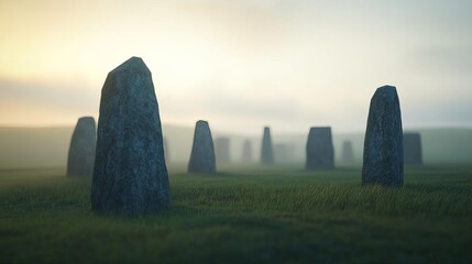 Highland moors in drifting fog, ancient stone circles, 3D illustration