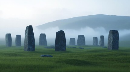 Highland moors in drifting fog, ancient stone circles, 3D illustration