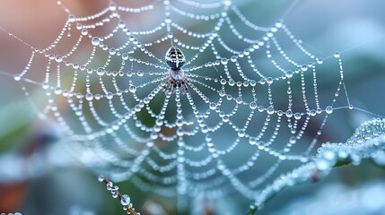 Fototapeta premium Spider web with dew drops close up, shallow depth of field