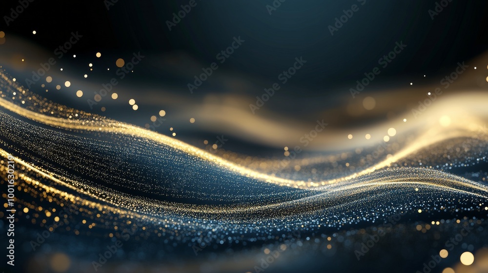 Poster abstract light trails and shimmering particles create a dynamic wave pattern in a dark setting