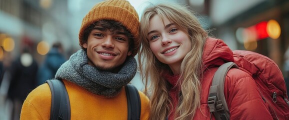 Young Couple Smiling at Camera in City Street