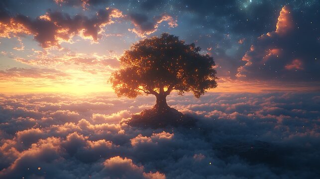 Solitary Tree on a Cloud Island with Sunset Sky, Fantasy Landscape