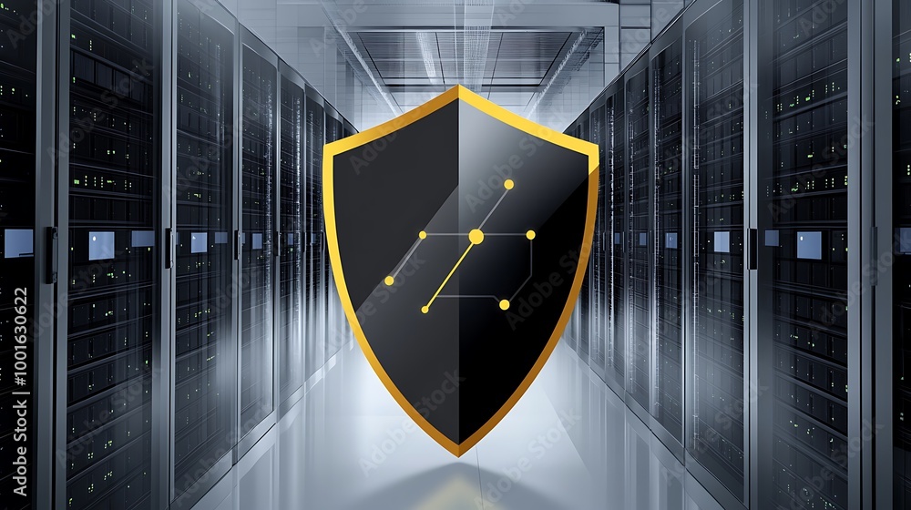 Poster A black shield with a gold trim and a circuit board inside, floating in front of a row of server racks in a data center.