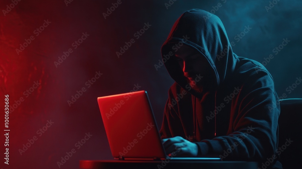 Poster mysterious hacker in neon light