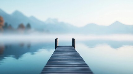 Fototapeta premium Lonely pier with drifting fog, quiet lake, 3D illustration