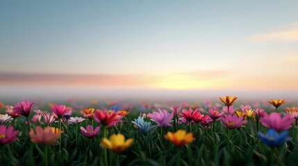 Fototapeta premium Meadow with fog drifting over wildflowers, sunrise, 3D illustration