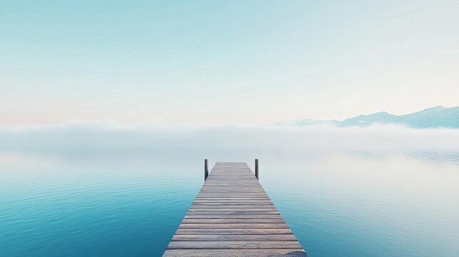 Fototapeta Lonely pier with drifting fog, quiet lake, 3D illustration