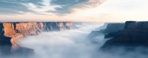 Fototapeta premium Misty canyon landscape with drifting fog, dramatic shadows, 3D illustration