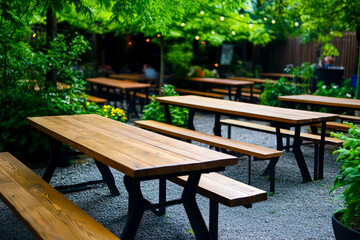 A beer garden with long wooden tables. 