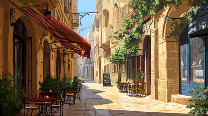 Fototapeta premium Lebanese mezze on a lively beirut street. Moorish Architecture. Illustration