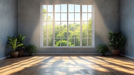 Fototapeta premium Empty room with large window and sunlight streaming in, plants, hardwood floor