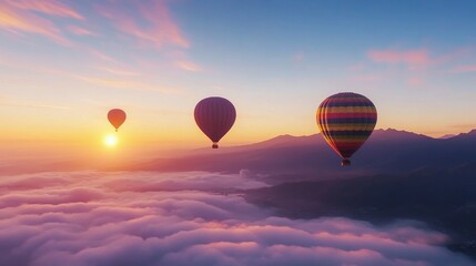Obraz premium Colorful hot air balloons soaring above the clouds at sunset in a scenic sky