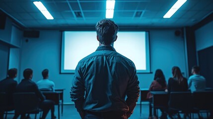 Fototapeta premium A visionary leader presenting a long-term strategy to a diverse team in front of a whiteboard, with bright fluorescent lighting creating a sharp and focused environment.