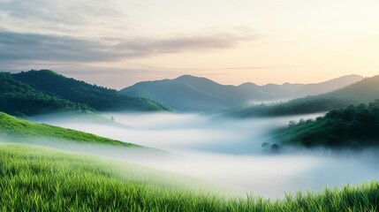 Obraz premium Rolling fog in a lush valley, morning dew effect, 3D illustration