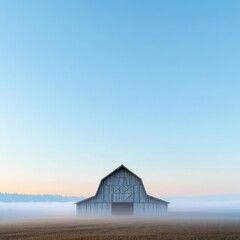 Rustic barn in drifting fog, countryside charm, 3D illustration