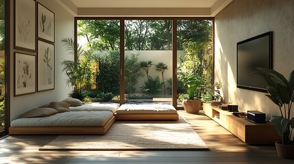 Fototapeta premium Modern living room interior design with large windows, natural light, and green garden view. Minimalist and cozy furniture