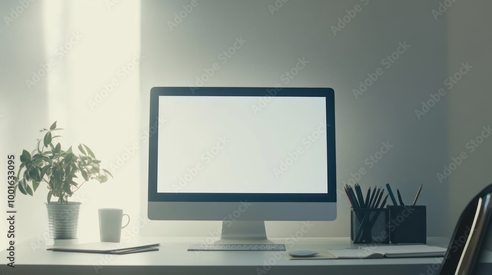Poster minimalist workspace with computer