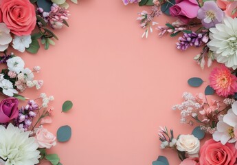 A beautiful arrangement of assorted flowers in pastel shades against a soft pink backdrop
