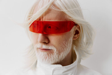 futuristic portrait, stylish old man wearing red sunglasses, white long hair, modern fashion,...